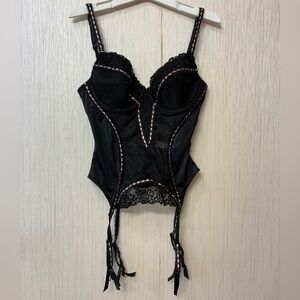 Jezebel Black Mesh Polka Dot Corset Bustier with Garters 34C